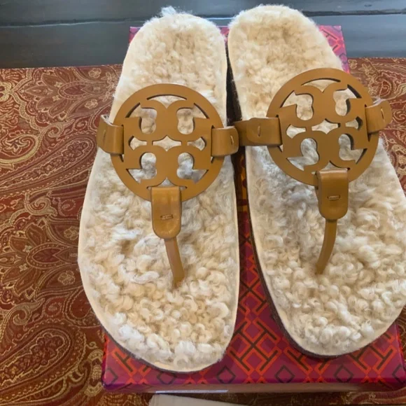 Tory Burch Miller Cloud Shearling Leather Sandal Caramel Corn